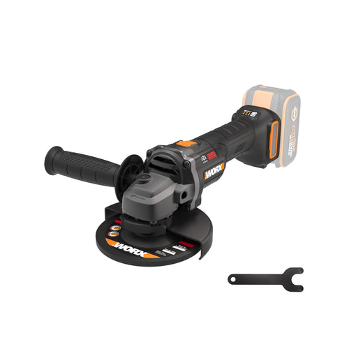 WORX WX814.9 Nitro Brushless Akku-Winkelschleifer. Orange-schwarzes Gerät (125mm) trennt u. schleift Metall/Stein.