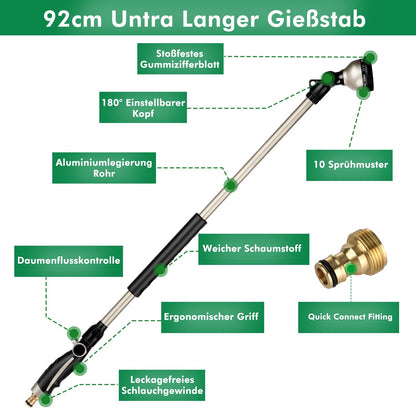 RESTMO Giessstab 92 cm aus Metall, Gartenbrause mit 10 Sprühmustern