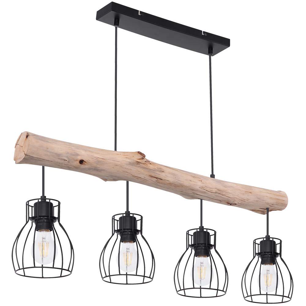 GLOBO Design Pendelleuchte 15326-4N – Holz Balken. Brauner, länglicher Holzbalken mit integrierten Leuchtmitteln. Dient zur direkten Raumausleuchtung über Esstischen.