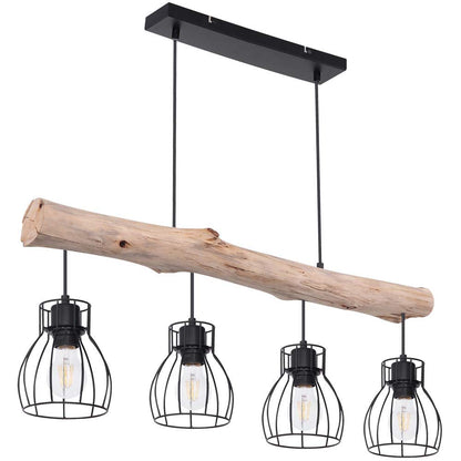 GLOBO Design Pendelleuchte 15326-4N – Holz Balken. Brauner, länglicher Holzbalken mit integrierten Leuchtmitteln. Dient zur direkten Raumausleuchtung über Esstischen.