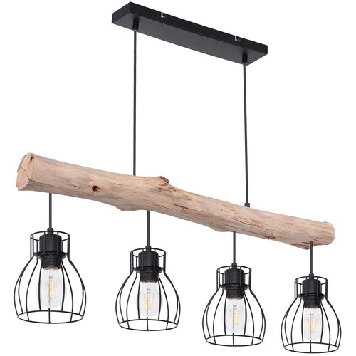 GLOBO Design Pendelleuchte 15326-4N – Holz Balken. Brauner, länglicher Holzbalken mit integrierten Leuchtmitteln. Dient zur direkten Raumausleuchtung über Esstischen.