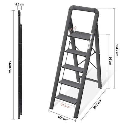 KINGRACK Stufenleiter 5 Stufen klappbar, Aluminium, 150 kg, Schwarz