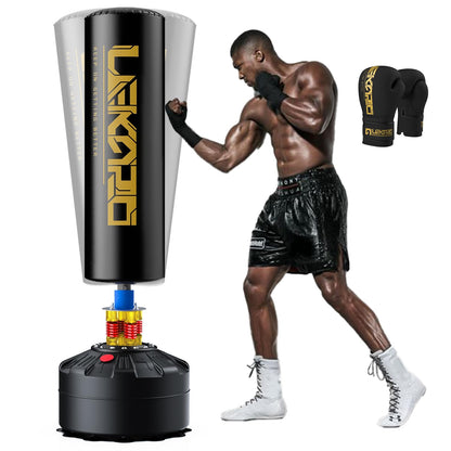 LEKÄRO freistehender Kickboxsack Erwachsene - Schwarz Gold. Großer, zylindrischer Standboxsack zum Kickboxtraining.