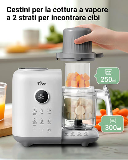 Bear 6-in-1 Babynahrungszubereiter mit Dampfgarer und Mixer, Weiss