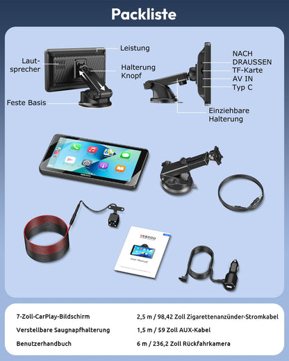 ESSGOO CarPlay Display 7 Zoll, Android Auto, Bluetooth, Rückfahrkamera