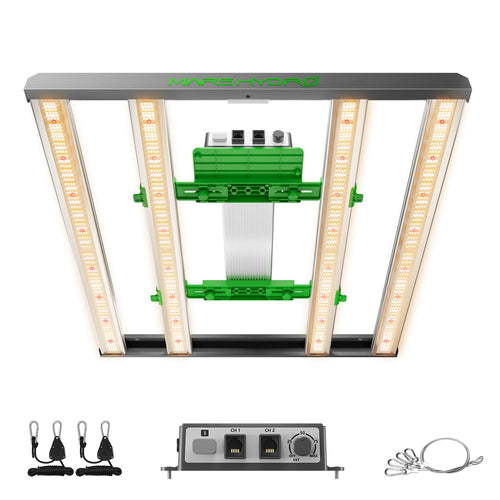 MARS HYDRO E3000 LED Grow Lampe - Vollspektrum 300W. Rechteckiges schwarzes LED-Panel, optimiert Pflanzenwachstum in der Kultivierung.