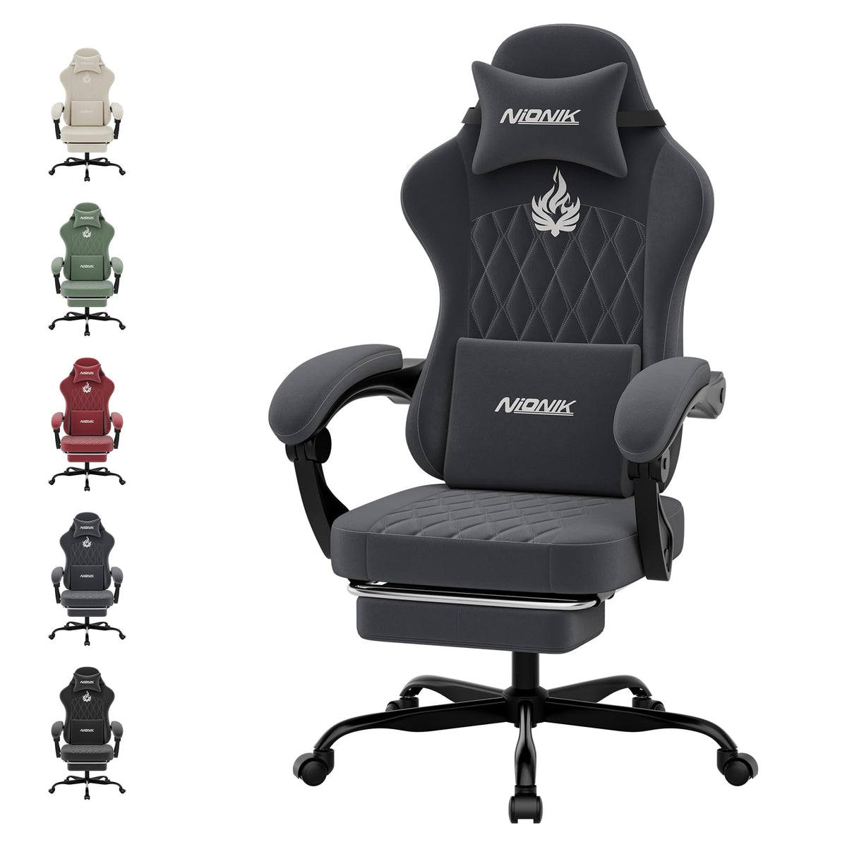 NIONIK Gaming Stuhl ergonomisch, höhenverstellbar, Grau, mit Kopf- und Lendenkissen
