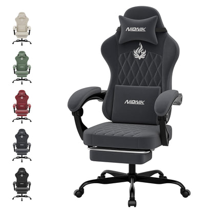 NIONIK Gaming Stuhl ergonomisch, höhenverstellbar, Grau, mit Kopf- und Lendenkissen