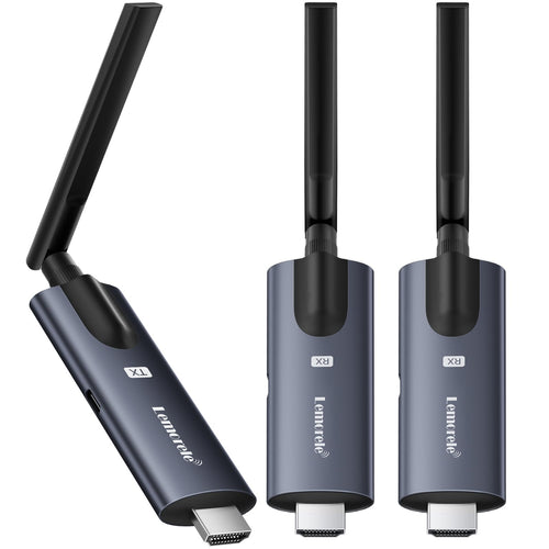 Lemorele HDMI Funkübertragung Set 1080P - 1 Sender 2 Empfänger. Schwarze, kompakte Dongles für drahtlose HDMI-Signalübertragung.