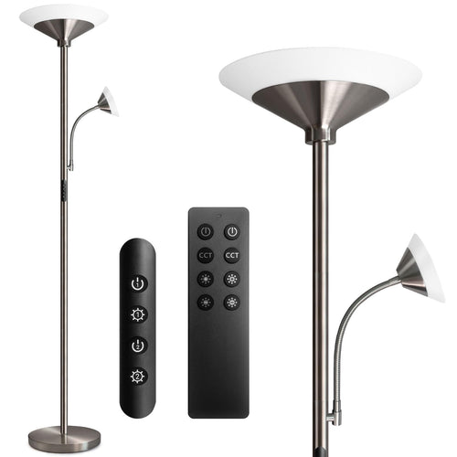 BBHome Stehlampe Deckenfluter LED dimmbar Leselampe - Silber. Silberne Leuchte mit dimmbarem LED-Deckenfluter und flexibler Leselampe.