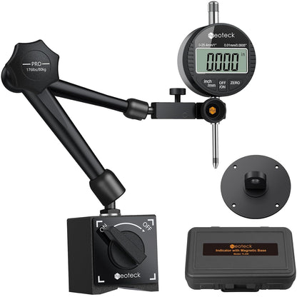 Neoteck Digitale Messuhr Set 0-25.4mm Magnetfuss Zentralklemmung. Schwarz-silberne digitale Messuhr mit schwarzem Magnetfuß. Zur Präzisionsmessung von Distanzen und Planparallelität.