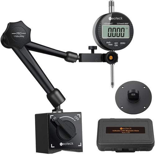 Neoteck Digitale Messuhr Set 0-25.4mm Magnetfuss Zentralklemmung. Schwarz-silberne digitale Messuhr mit schwarzem Magnetfuß. Zur Präzisionsmessung von Distanzen und Planparallelität.
