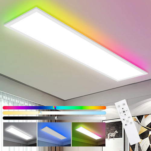 Oraymin LED Panel Deckenleuchte dimmbar RGB – 120x30cm 40W. Rechteckiges, weißes LED-Panel zur dimmbaren und farbigen Raumbeleuchtung.