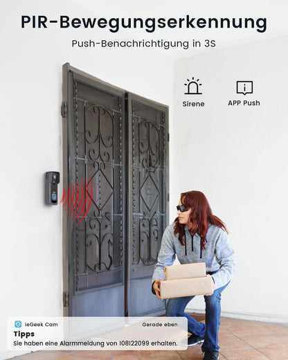 ieGeek Bell J9 Video-Türklingel mit Kamera, 2K, WLAN, IP66, Grau