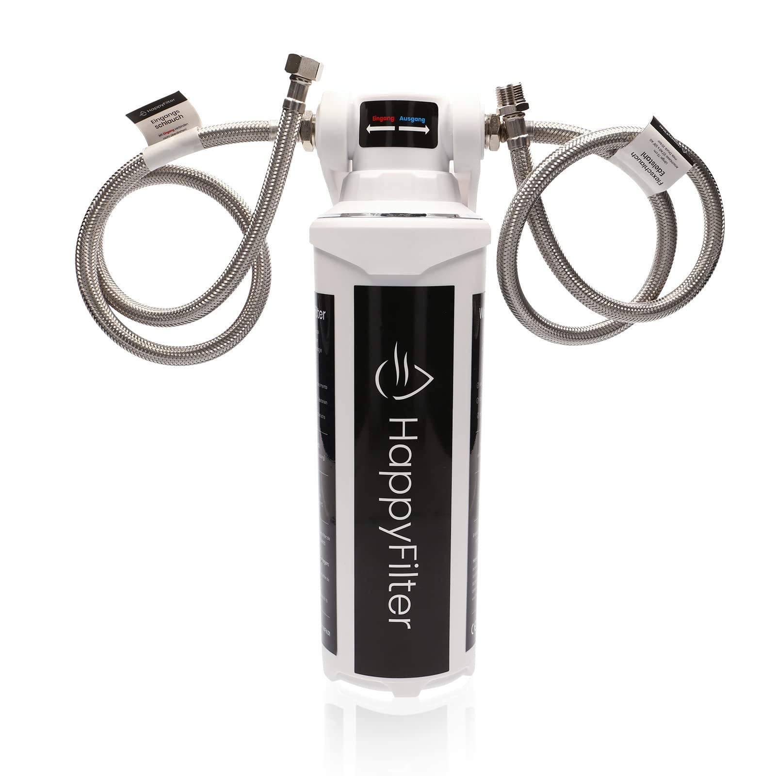 HappyFilter Kalk Wasserfilter – ohne separaten Wasserhahn, weiß, zylindrisch. Enthärtet Leitungswasser direkt am Kaltwasseranschluss.