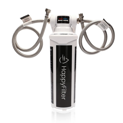 HappyFilter Kalk Wasserfilter – ohne separaten Wasserhahn, weiß, zylindrisch. Enthärtet Leitungswasser direkt am Kaltwasseranschluss.