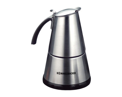 Rommelsbacher EKO 364/E Elektrischer Espresso Kocher 2-4 Tassen. Silbernes Gerät brüht Espresso per Knopfdruck.