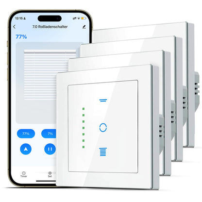SMARTERCURRY Wlan Rolladenschalter 7. Gen – 4 Stk. Weiss. 4 weiße, rechteckige Wandschalter zur WLAN-Steuerung von Rolläden.