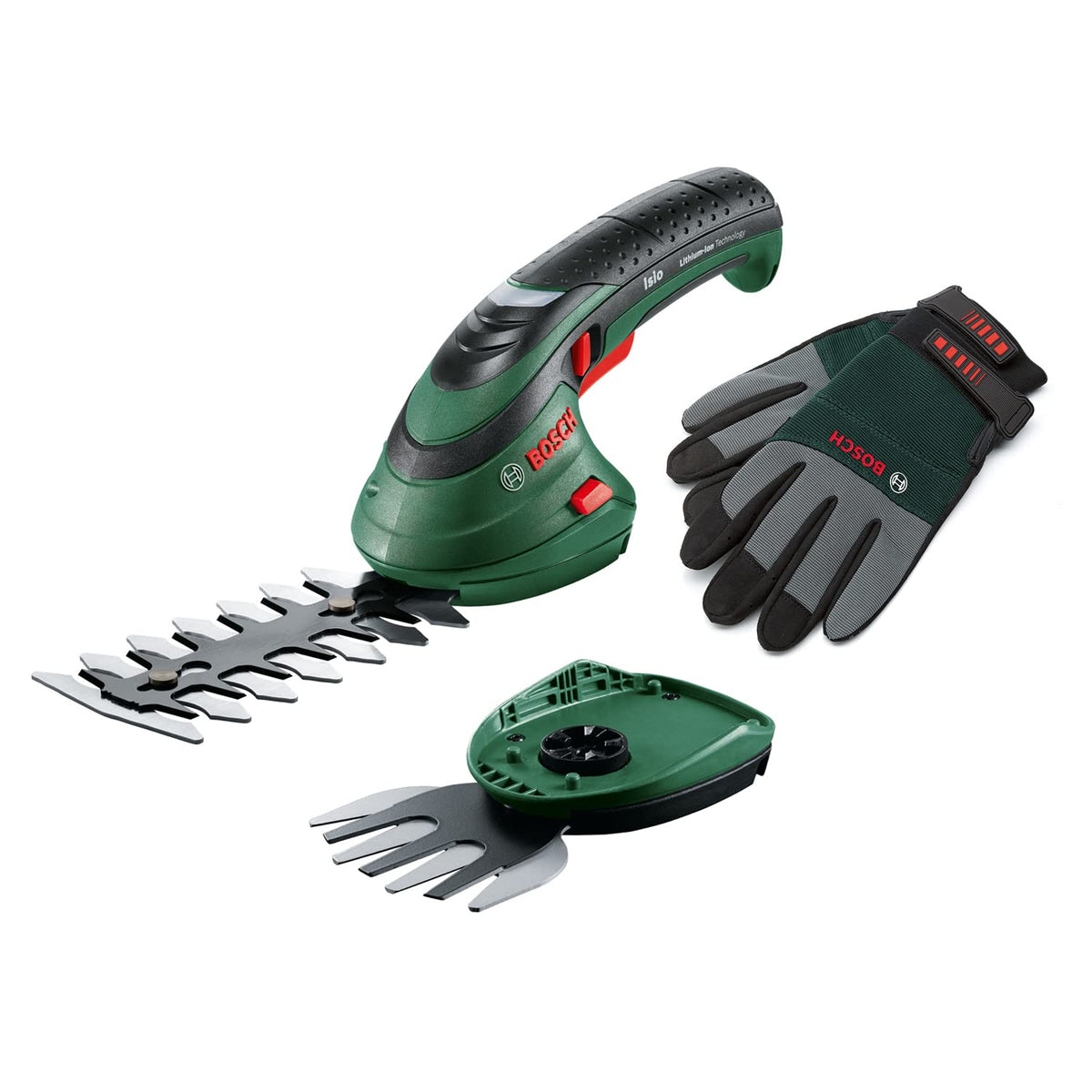 Bosch Isio Akku-Gras- und Strauchschere Set mit XL-Gartenhandschuhen, Grasmesser 8 cm und Strauchmesser 12 cm