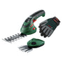 Bosch Isio Akku-Gras- und Strauchschere Set mit XL-Gartenhandschuhen, Grasmesser 8 cm und Strauchmesser 12 cm