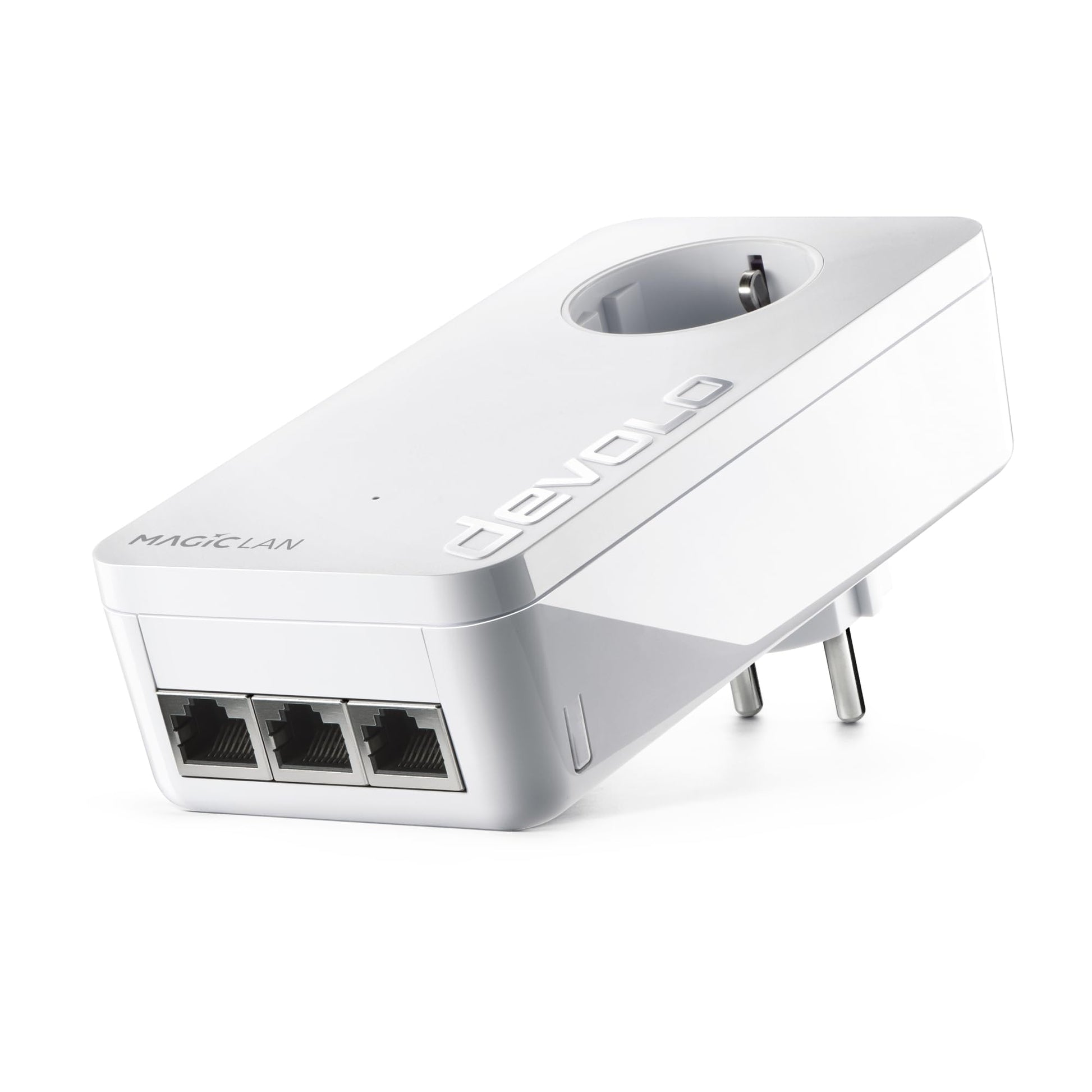 devolo Magic 2 LAN triple Powerline Adapter, Erweiterungsadapter Weiss, rechteckig. Bietet drei LAN-Anschlüsse zur Netzwerkerweiterung über das Stromnetz.