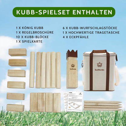 SunNordic Kubb Wikinger Wurfspiel aus Gummibaumholz mit Tragetasche