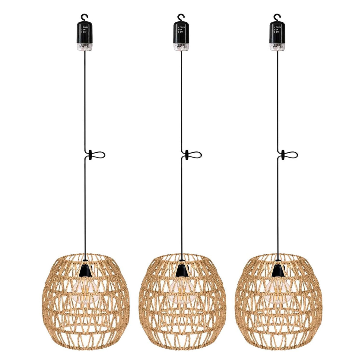EcoGehen Rattan Hängelampe, batteriebetrieben, 3er-Set, IP66