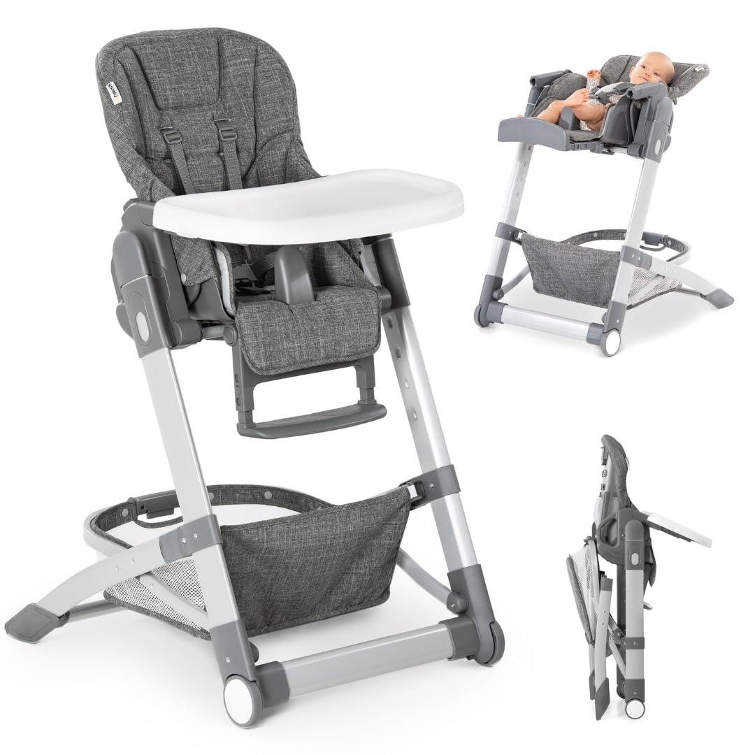 hauck Grow Up Baby Hochstuhl mit Liegefunktion - Grau Melange. Stabile Konstruktion mit verstellbarer Rückenlehne für Babys.