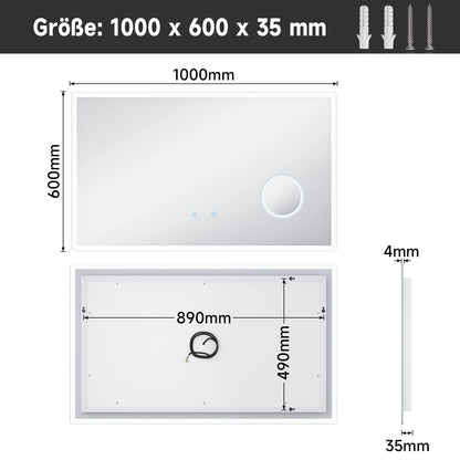 SONNI LED Lichtspiegel 100x60cm - 3 Lichtfarben, Uhr, Vergrösserung