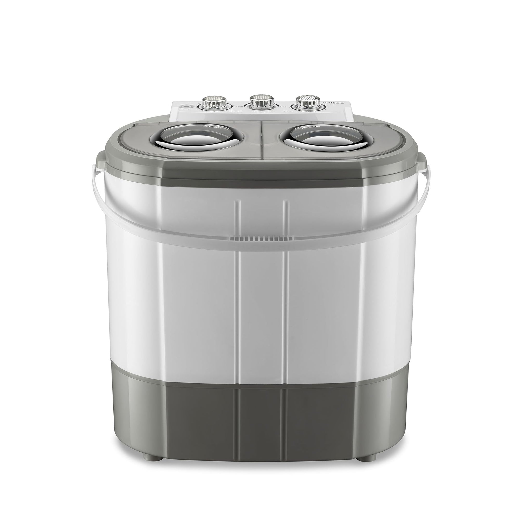 Wiltec Mini-Waschmaschine 3kg – Camping mit Schleuder. Kompaktes, weißes Gerät wäscht und schleudert Kleidung mobil beim Camping.