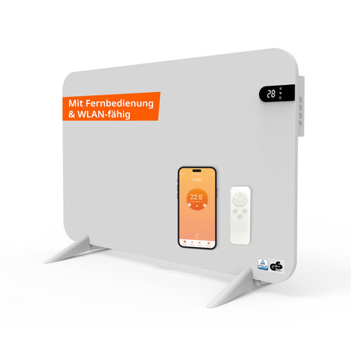 Könighaus 450W Smart Dual-Infrarotheizung V2 weiss. Rechteckiges, weißes Heizpaneel zur Wärmeerzeugung in Wohnräumen.