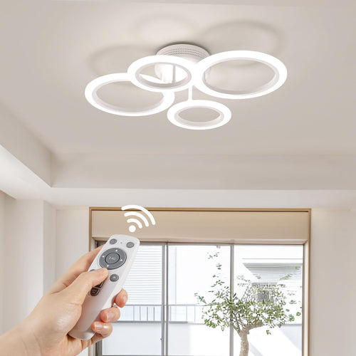 RUYI LED Deckenleuchte Dimmbar 4 Ringe – Weiss 48W. Weiße Deckenleuchte mit vier ineinandergreifenden Ringen zur dimmbaren LED-Ausleuchtung von Wohnräumen.