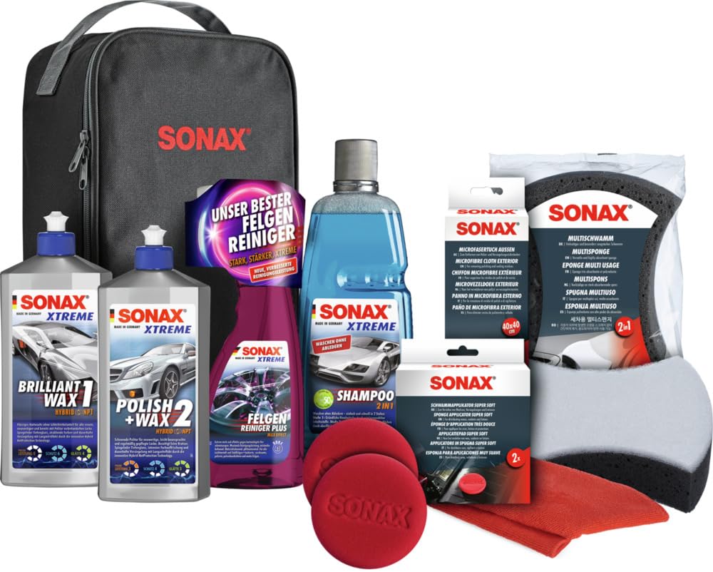 SONAX XTREME Autopflege Set Aussen (8-teilig) - inkl. Tasche, in schwarzer Tasche mit roten Flaschen, zur Reinigung und Schutz von Lack, Felgen.