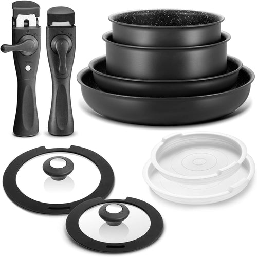 BEZIA Topf- und Pfannenset Induktion mit abnehmbaren Griffen – 10-tlg. Schwarzes Aluminiumguss-Set, backofenfest für alle Herdarten.