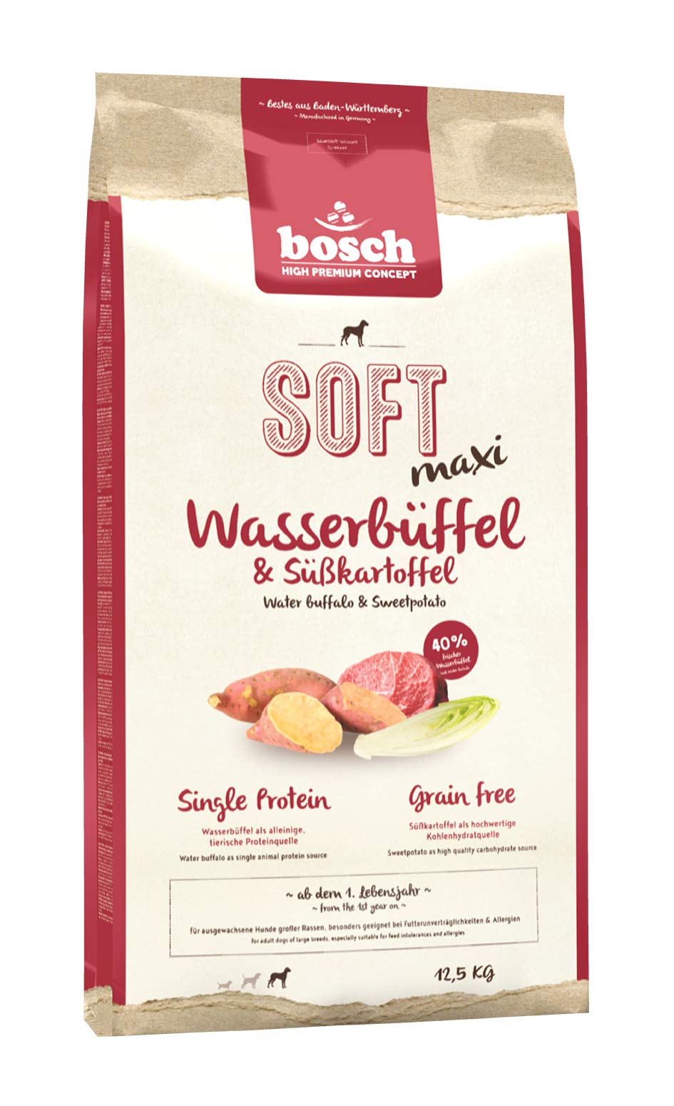 bosch HPC SOFT Maxi Wasserbüffel & Süsskartoffel Hundefutter 12.5 kg. Braunes, weiches Extrudat im Sack als Alleinfuttermittel für erwachsene Hunde.