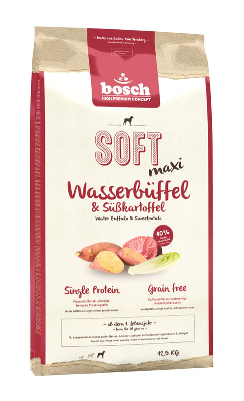 bosch HPC SOFT Maxi Wasserbüffel & Süsskartoffel Hundefutter 12.5 kg. Braunes, weiches Extrudat im Sack als Alleinfuttermittel für erwachsene Hunde.