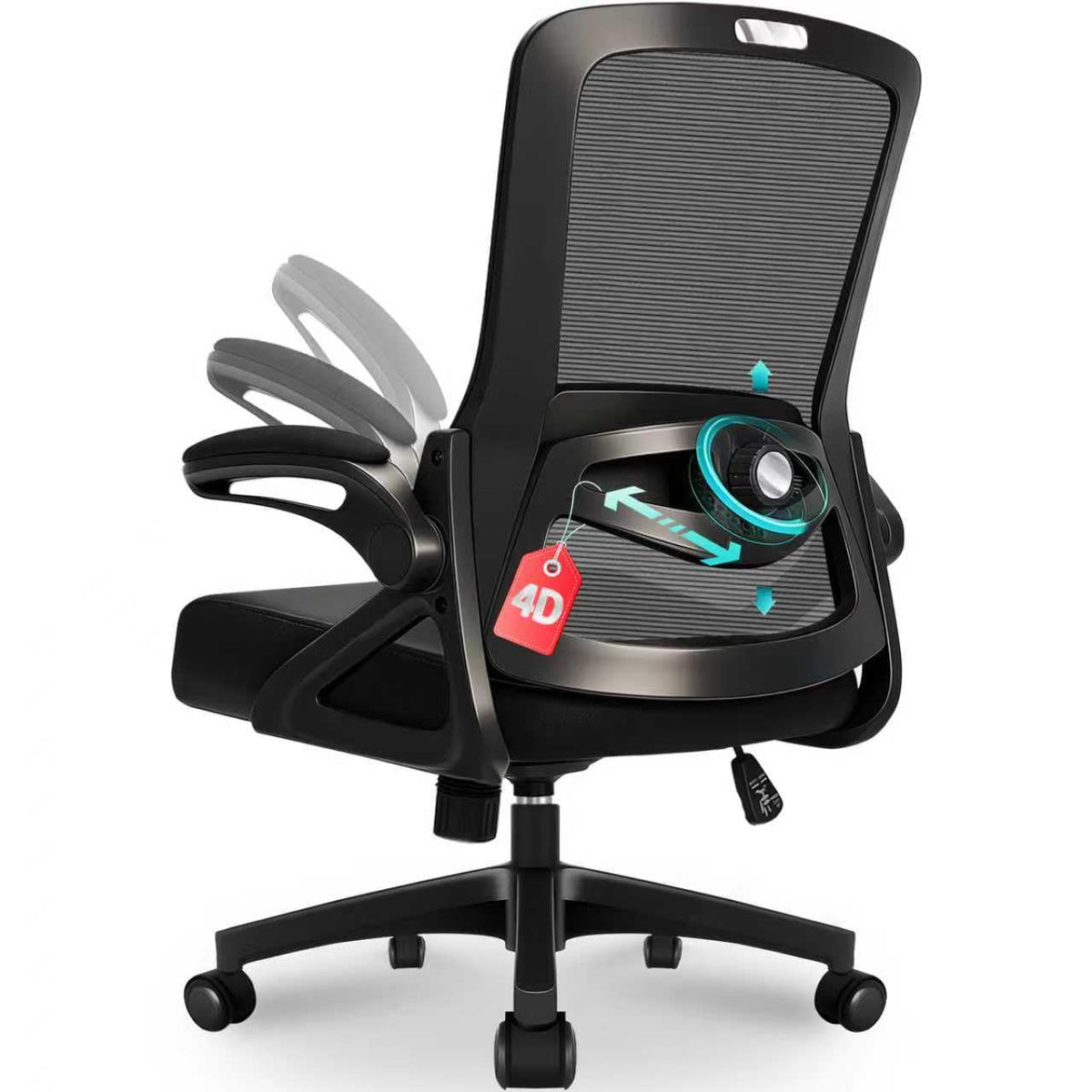 Milacyee Ergonomischer Bürostuhl M01 mit 4D-Lendenstütze, Schwarz – Netzrücken und klappbare Armlehnen