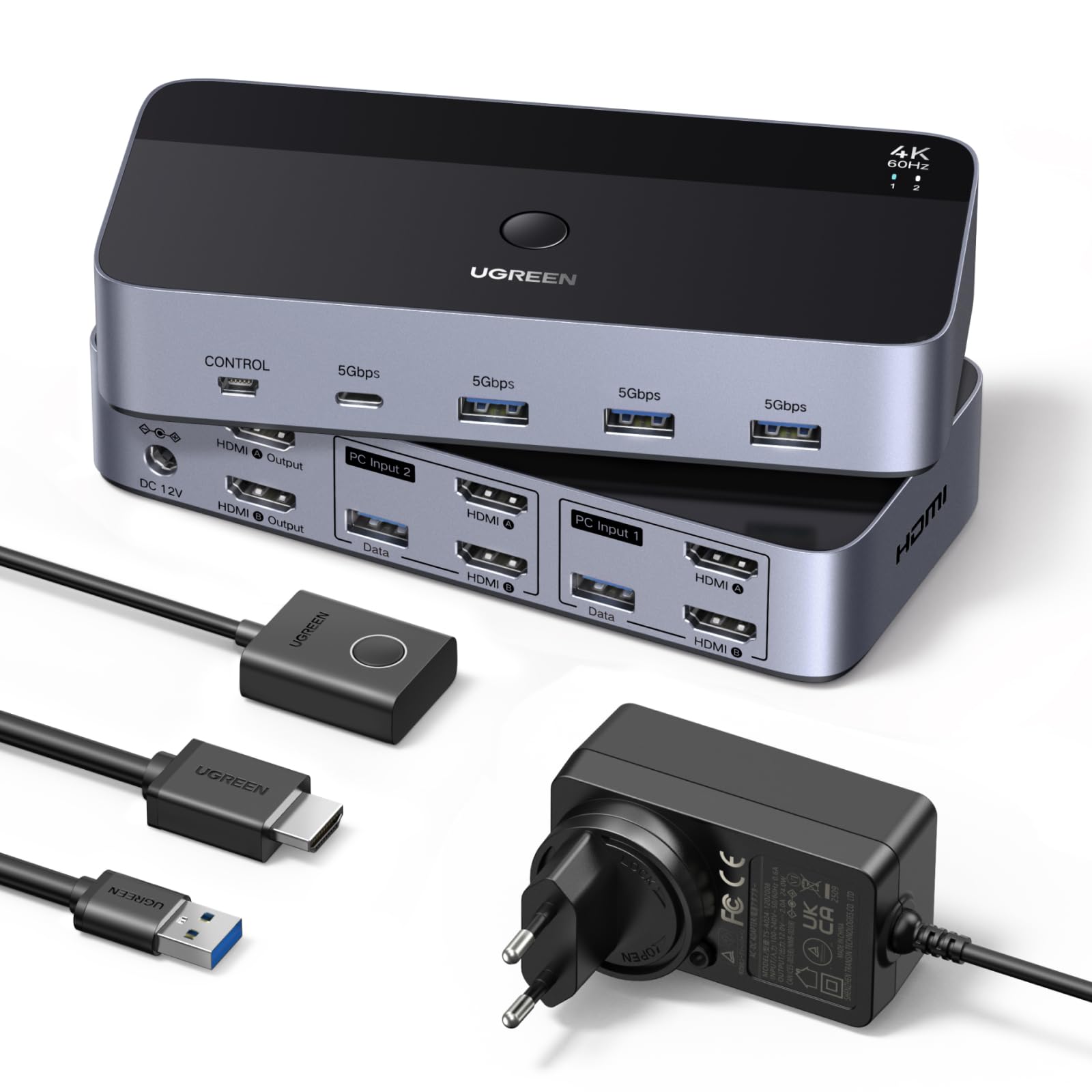 UGREEN HDMI KVM Switch 2 PC 2 Monitore 4K60Hz USB 3.0. Schwarzes, rechteckiges Gerät. Schaltet 2 PCs zu 2 Monitoren und USB 3.0-Peripherie bei 4K60Hz.