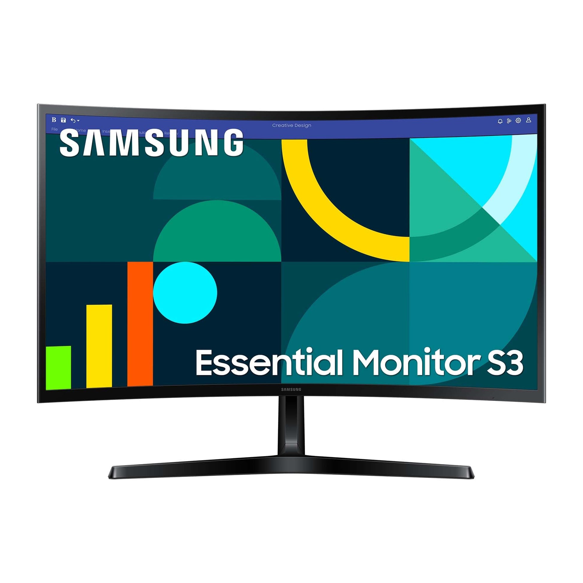 Samsung S36GD Essential Curved Monitor 27 Zoll. Schwarzer, gewölbter 27-Zoll-Bildschirm für visuelle Computerdarstellungen.