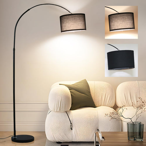ANTENLICHT LUNA Bogenlampe Stehleuchte, schwarz, gebogener Arm, runder Schirm (33cm), integrierte LED. Zur Raumausleuchtung.
