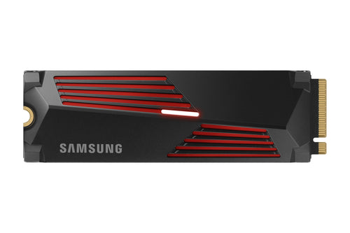 Samsung 990 PRO NVMe M.2 SSD mit Heatsink - 2 TB. Rechteckige, schwarze SSD mit Kühlkörper zur Hochleistungsspeicherung in PCs.
