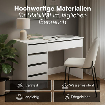 Bellamio Nore Schreibtisch in Weiss mit 5 Schubladen, 110 x 53 cm
