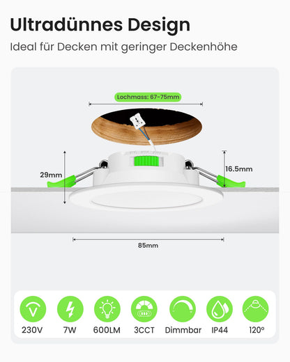 ALUSSO LED Einbaustrahler 230V dimmbar, IP44, weiss, 6er Set