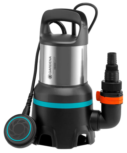 Gardena Schmutzwasser-Tauchpumpe 16000 – Modell 9042-20. Graue, kompakte Tauchpumpe. Fördert Schmutzwasser aus Kellern und Baugruben ab.