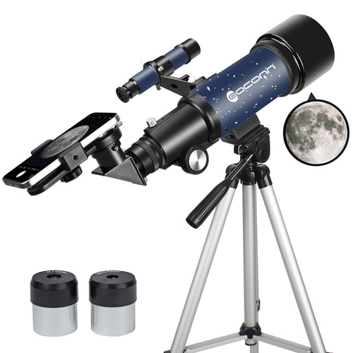 Einsteiger 70mm 400mm AZ Refraktor Reiseteleskop – Blau. Blaues Teleskop mit 70mm Öffnung und AZ-Montierung für mobile Astronomie.