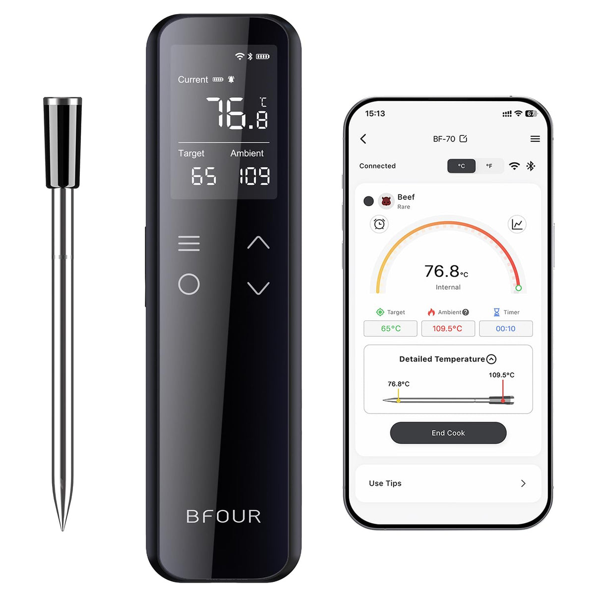 BFOUR BF-70 Grillthermometer mit WLAN & Bluetooth, 6 Sensoren, Dual-Display und externe Sonde