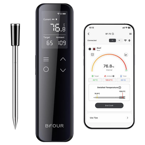 BFOUR BF-70 Grillthermometer mit WLAN & Bluetooth, 6 Sensoren, Dual-Display und externe Sonde