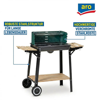 aro Holzkohlegrill Grillwagen mit 2 Grillrosten und Windschutz, grün