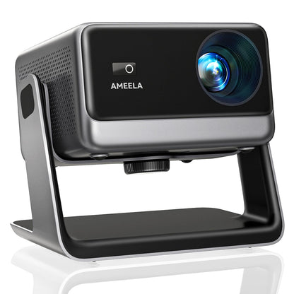 AMEELA 1080P Beamer. Rechteckiger, schwarzer Projektor, der 1080P- oder 4K-Videos per Smart WiFi mit Autofokus auf Flächen projiziert.