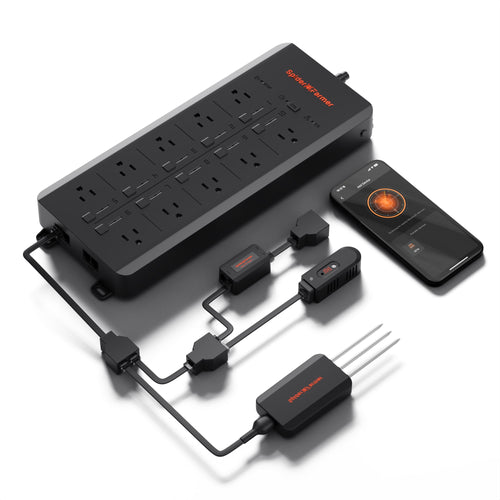 Spider Farmer GGS AC10 Smart 10-fach Steckdosenleiste mit Sensoren: Rechteckige, schwarze Mehrfachsteckdose zur intelligenten Steuerung von 10 Geräten via Sensoren.